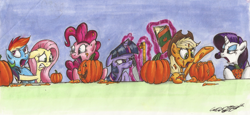 Size: 3282x1516 | Tagged: safe, artist:mattings, character:applejack, character:fluttershy, character:pinkie pie, character:rainbow dash, character:rarity, character:twilight sparkle, species:earth pony, species:pony, species:unicorn, book, female, halloween, jack-o-lantern, levitation, magic, mane six, mare, measuring tape, pumpkin, pumpkin carving, telekinesis