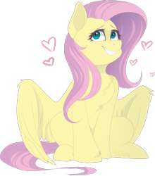 Size: 843x960 | Tagged: safe, artist:mrgdog, character:fluttershy, species:pegasus, species:pony, chest fluff, cute, female, heart, looking away, looking up, mare, shyabetes, simple background, sitting, smiling, solo, spread wings, transparent background, wings
