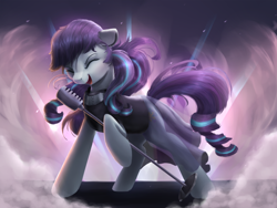 Size: 1000x750 | Tagged: safe, artist:vanillaghosties, character:coloratura, species:earth pony, species:pony, clothing, eyes closed, female, hoof hold, mare, microphone, open mouth, rara, rarabetes, singing, solo, stage
