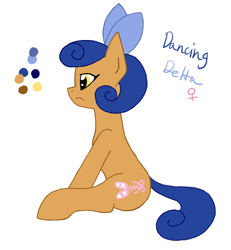 Size: 600x650 | Tagged: safe, artist:rosequartz1, oc, oc only, oc:dancing delta, parent:apple bloom, parent:tender taps, parents:tenderbloom, species:earth pony, species:pony, bow, female, hair bow, mare, offspring, reference sheet, sitting, solo
