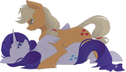 Size: 1197x686 | Tagged: safe, artist:mrgdog, character:applejack, character:rarity, species:earth pony, species:pony, species:unicorn, ship:rarijack, eye contact, female, lesbian, looking at each other, mare, on back, shipping, simple background, transparent background