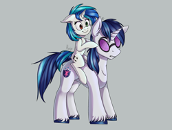 Size: 1024x768 | Tagged: safe, artist:magicstarfriends, character:dj pon-3, character:shining armor, character:vinyl scratch, species:pony, species:unicorn, brother and sister, cousins, female, headcanon, heterochromia, male, ponies riding ponies, vinyl's glasses, younger