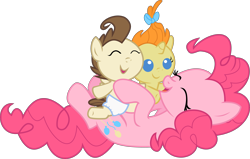 Size: 4831x3068 | Tagged: safe, artist:laberoon, character:pinkie pie, character:pound cake, character:pumpkin cake, species:pony, episode:baby cakes, g4, my little pony: friendship is magic, cute, diapinkes, eyes closed, happy, high res, on back, poundabetes, pumpkinbetes, simple background, transparent background, vector