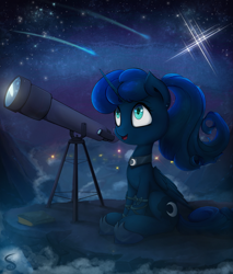 Size: 2500x2930 | Tagged: safe, artist:skrayp, character:princess luna, species:alicorn, species:pony, female, looking up, mare, shooting star, sky, solo, stargazing, stars, telescope