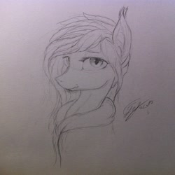 Size: 1936x1936 | Tagged: safe, artist:lilac, oc, oc only, oc:lilac mist, species:bat pony, species:pony, clothing, female, hoodie, looking at you, monochrome, sketch, solo, traditional art