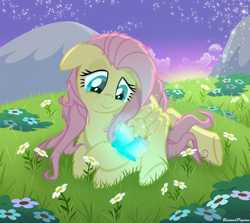 Size: 5000x4453 | Tagged: safe, artist:burnedpigeon, character:fluttershy, absurd resolution, bed mane, butterfly, female, grass, solo