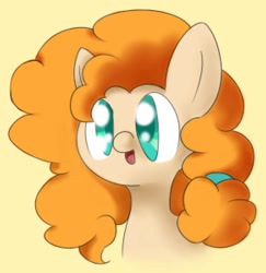 Size: 582x600 | Tagged: safe, artist:brsajo, character:pear butter, species:earth pony, species:pony, episode:the perfect pear, g4, my little pony: friendship is magic, bust, cute, female, portrait, simple background, smiling, solo, yellow background
