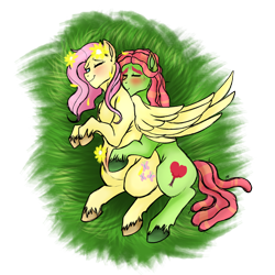 Size: 1150x1150 | Tagged: safe, artist:anxiousshadowpetals, character:fluttershy, character:tree hugger, species:pony, ship:flutterhugger, cuddling, female, flower, flower in hair, grass, kissing, lesbian, meadow, one eye closed, pregnant, sensibly-proportioned pregnancy, shipping, spooning