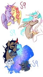 Size: 1024x1843 | Tagged: safe, artist:sessomesmaru, character:discord, character:king sombra, character:princess celestia, character:princess luna, character:sunset shimmer, character:twilight sparkle, character:twilight sparkle (alicorn), oc, oc:aetheria, oc:darkheart, oc:starshine, oc:sundial shine, parent:discord, parent:king sombra, parent:princess celestia, parent:princess luna, parent:sunset shimmer, parent:twilight sparkle, parents:dislestia, parents:lumbra, parents:sunsetsparkle, species:alicorn, species:pony, ship:dislestia, ship:lumbra, ship:sunsetsparkle, alicornified, cuddling, eyes closed, female, hug, hybrid, interspecies offspring, lesbian, magical lesbian spawn, male, offspring, race swap, rainbow power, shimmercorn, shipping, simple background, sleeping, straight