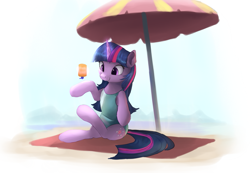 Size: 1139x787 | Tagged: safe, artist:vanillaghosties, character:twilight sparkle, character:twilight sparkle (alicorn), species:alicorn, species:pony, beach, beach umbrella, clothing, cute, female, magic, mare, one-piece swimsuit, smiling, solo, sunscreen, swimsuit, twiabetes