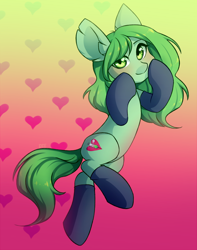 Size: 1672x2125 | Tagged: safe, artist:miioko, oc, oc only, unnamed oc, species:earth pony, species:pony, clothing, commission, female, gradient background, heart, looking at you, mare, smiling, solo, stockings, thigh highs
