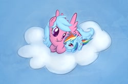 Size: 1239x819 | Tagged: safe, artist:maxtaka, character:firefly, character:rainbow dash, species:pegasus, species:pony, g1, g4, cloud, female, filly, firefly as rainbow dash's mom, foal, g1 to g4, generation leap, lying on a cloud, mare, mother and child, mother and daughter, on a cloud, sisters