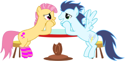 Size: 6145x3000 | Tagged: safe, artist:laberoon, character:candy mane, character:soarin', species:pony, clothing, crack shipping, high res, looking at each other, shipping, simple background, soarmane, socks, striped socks, transparent background, wrong cutie mark