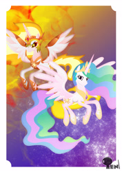 Size: 3508x4961 | Tagged: safe, artist:edonovaillustrator, character:daybreaker, character:princess celestia, species:alicorn, species:pony, episode:a royal problem, g4, my little pony: friendship is magic, crown, cutie mark, duality, duo, female, flying, glowing eyes, helmet, hooves, horn, jewelry, lineless, long mane, looking at you, mane of fire, mare, necklace, regalia, slit eyes, spread wings, wings