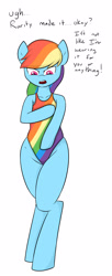 Size: 1531x3748 | Tagged: safe, artist:nero9, character:rainbow dash, bipedal, clothing, embarrassed, hips, one-piece swimsuit, rainbow swimsuit, semi-anthro, swimsuit, tsunderainbow, tsundere