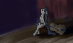 Size: 3015x1777 | Tagged: safe, artist:taggerung, character:octavia melody, species:earth pony, species:pony, bow (instrument), cello, chair, female, musical instrument, sad, solo, stage
