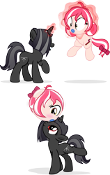 Size: 3039x4811 | Tagged: safe, artist:nxzc88, oc, oc only, oc:cherry blossom, oc:shurelya, species:pegasus, species:pony, species:unicorn, air nozzle, balancing, ball, beach ball, blushing, bow, duo, duo female, female, glowing horn, hair bow, inanimate tf, magic, mare, morph ball, ponies balancing stuff on their nose, red eyes, simple background, telekinesis, transformation, transformed, transparent background