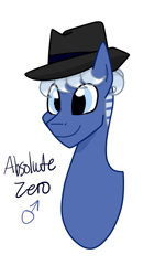 Size: 503x839 | Tagged: safe, artist:rosequartz1, oc, oc only, oc:absolute zero, parent:coco pommel, parent:silver shill, parents:silverpommel, species:earth pony, species:pony, bust, clothing, hat, male, offspring, portrait, simple background, solo, stallion, trilby, white background