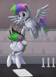 Size: 1016x1400 | Tagged: safe, artist:vanillaghosties, oc, oc only, oc:fox glove, oc:neon streak, species:pegasus, species:pony, newbie artist training grounds, atg 2017, clothing, female, flying, lab coat, looking up, mare, multicolored hair, neove, smiling