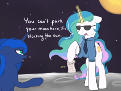 Size: 1024x768 | Tagged: safe, artist:vanillaghosties, character:princess celestia, character:princess luna, species:alicorn, species:pony, newbie artist training grounds, 2017 solar eclipse, atg 2017, clothing, confused, dialogue, eclipse, female, floppy ears, frown, glare, hoof fluff, hoof hold, levitation, magic, mare, missing accessory, moon, necktie, on the moon, open mouth, parking ticket, pen, pointing, police, police uniform, raised hoof, shirt, sketch, space, speech bubble, sun, sunglasses, telekinesis, text, ticket