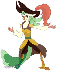 Size: 1024x1280 | Tagged: safe, artist:coffeevixxen, character:captain celaeno, species:anthro, species:bird, my little pony: the movie (2017), amputee, clothing, commission, ear piercing, female, hat, peg leg, piercing, pirate, pirate hat, prosthetic leg, prosthetic limb, prosthetics, simple background, smiling, solo