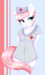 Size: 2318x3835 | Tagged: safe, artist:diamondsparkle7, character:nurse redheart, species:anthro, species:earth pony, species:pony, arm behind back, blushing, female, high res, mare, solo