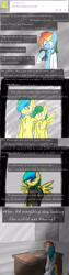 Size: 1024x4096 | Tagged: safe, artist:mikeythefox, character:rainbow dash, oc, oc:aurora dawn, species:pony, fanfic:rainbow factory, ask factory scootaloo, ask rainbow factory dash, clothing, comic, desk, lab coat, paper, photo, rainbow factory dash