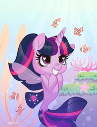 Size: 984x1280 | Tagged: safe, artist:dressella, character:twilight sparkle, species:seapony (g4), my little pony: the movie (2017), clownfish, coral, cute, cute face, fish, ocean, seaponified, seapony twilight, species swap, twiabetes, wingding eyes