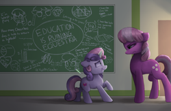 Size: 2000x1300 | Tagged: safe, artist:vanillaghosties, character:cheerilee, character:sweetie belle, species:earth pony, species:pony, species:unicorn, newbie artist training grounds, :i, abuse, atg 2017, best pony, caught, chalkboard, cheeribuse, cheerilee is unamused, current year, eye contact, female, filly, floppy ears, frown, glare, grin, imminent spanking, levitation, looking at each other, magic, mare, nervous, nervous grin, now you fucked up, out of character, profile, raised hoof, sheepish grin, smiling, student, sweetie belle's magic brings a great big smile, sweetie fail, teacher, teacher and student, telekinesis, the emoji movie, this will end in detention, unamused, wat, wide eyes, worst pony, you dun goofed
