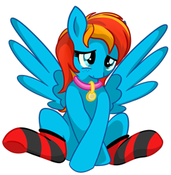 Size: 1827x1877 | Tagged: safe, artist:x-blackpearl-x, oc, oc only, oc:seafeather, species:pegasus, species:pony, clothing, collar, female, shy, simple background, socks, solo, spread wings, striped socks, transparent background, wingboner, wings