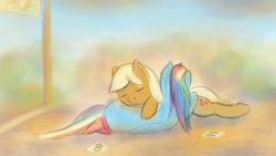 Size: 1280x720 | Tagged: safe, artist:taggerung, character:applejack, character:rainbow dash, species:pony, newbie artist training grounds, ship:appledash, atg 2017, cuddling, female, lesbian, running of the leaves, shipping