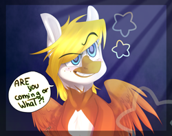 Size: 3667x2905 | Tagged: safe, artist:swoopypoolin, oc, oc only, oc:khaos sparkz, species:pegasus, species:pony, cute, dialogue, fiesty, grin, pinto, raised eyebrow, smiling, solo, speech bubble, ych result