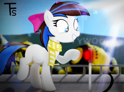 Size: 1760x1307 | Tagged: safe, artist:thefunnysmile, oc, oc only, oc:breezy, species:pony, 3d, bomb, breezybetes, clothing, cute, female, gmod, happy, lens flare, red button, scarf, smiling, solo, trans female, transgender, weapon