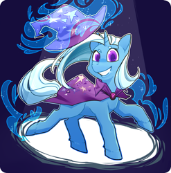 Size: 1223x1237 | Tagged: safe, artist:foxda, character:trixie, species:pony, species:unicorn, colored pupils, female, grin, looking at you, magic, mare, smiling, solo, sparkles, spotlight, telekinesis