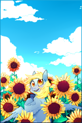 Size: 2058x3102 | Tagged: safe, artist:foxda, character:derpy hooves, species:pegasus, species:pony, colored pupils, female, flower, happy, looking up, mare, sky, smiling, solo, sunflower