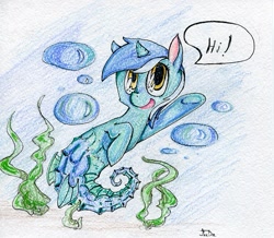 Size: 481x419 | Tagged: safe, artist:foxda, character:lyra heartstrings, bubble, colored pencil drawing, female, hi, merpony, seapony lyra, seaweed, smiling, solo, species swap, traditional art, underwater, waving