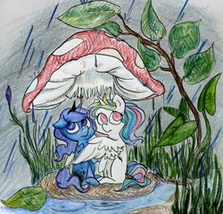 Size: 900x861 | Tagged: safe, artist:foxda, character:princess celestia, character:princess luna, species:alicorn, species:pony, colored pencil drawing, colored pupils, duo, female, hug, micro, missing cutie mark, mushroom, rain, royal sisters, sisters, traditional art, winghug
