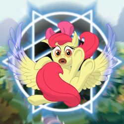 Size: 1600x1600 | Tagged: safe, artist:nebulastar985, character:apple bloom, species:pegasus, species:pony, falling, fanfic, fanfic art, fanfic cover, magic, magic circle, race swap