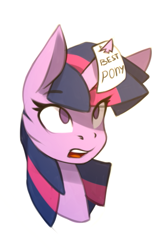 Size: 365x556 | Tagged: safe, artist:n_thing, character:twilight sparkle, species:pony, species:unicorn, best pony, bust, female, frown, horn impalement, looking up, mare, no pupils, note, open mouth, portrait, simple background, surprised, white background, wide eyes
