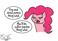Size: 1166x823 | Tagged: safe, artist:aruigus808, character:pinkie pie, species:earth pony, species:pony, bust, dialogue, female, mare, portrait, solo, speech bubble, unamused