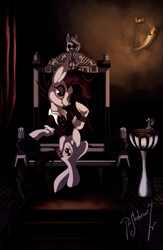 Size: 782x1203 | Tagged: safe, artist:shivannie, oc, oc only, species:pony, clothing, commission, fangs, lidded eyes, male, red eyes, sitting, solo, stallion, throne, vampire