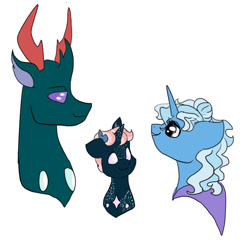 Size: 654x627 | Tagged: safe, artist:arirain, character:pharynx, character:prince pharynx, character:trixie, oc, parent:pharynx, parent:trixie, parents:phartrix, species:changeling, species:changepony, species:pony, species:reformed changeling, species:unicorn, episode:to change a changeling, g4, my little pony: friendship is magic, crack shipping, eye contact, female, foal, hybrid, looking at each other, male, mare, offspring, phartrix, shipping, stallion