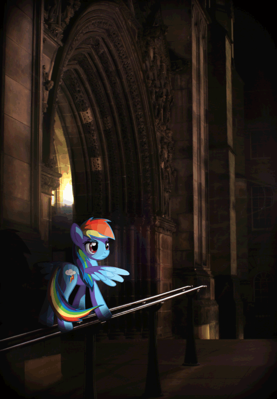 Size: 567x816 | Tagged: safe, artist:twodeepony, character:rainbow dash, species:pegasus, species:pony, animated, cathedral, cinemagraph, female, flickering lights, gif, irl, mare, photo, ponies in real life, railing, solo
