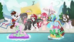 Size: 2730x1575 | Tagged: safe, artist:nxzc88, character:rainbow dash, oc, oc:cherry blossom, oc:miles, oc:northern haste, oc:pyrisa miracles, oc:rubbergrip, oc:siram cotoran, oc:southern hustle, oc:spectral wind, species:pony, assisted exposure, bikini, bondage, chillaxing, clothing, embarrassed, embarrassed nude exposure, encasement, female, group picture, ice, magic abuse, mare, midriff, nudity, one-piece swimsuit, relaxing, rule 63, stripped by magic, swimming pool, swimsuit, the legend of zelda, undressing, we don't normally wear clothes