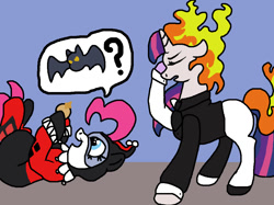 Size: 960x717 | Tagged: safe, artist:creative-blossom, character:pinkie pie, character:twilight sparkle, species:bat, species:earth pony, species:pony, species:unicorn, batman, batmare, clothing, coin, cute, dialogue, duo, facehoof, female, harley quinn, harvey dent, hooves, mane of fire, mare, on back, pinkie quinn, present, rapidash twilight, redraw, speech bubble, standing, twiface sparkle, two-face