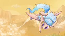 Size: 1024x576 | Tagged: safe, artist:chung-sae, oc, oc only, species:pegasus, species:pony, cloud, female, flying, looking back, mare, solo, spread wings, trail, wings