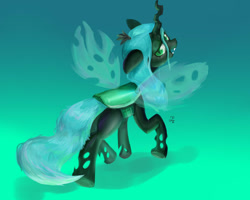 Size: 1024x819 | Tagged: safe, artist:chung-sae, character:queen chrysalis, species:changeling, changeling queen, female, gradient background, looking at you, looking back, looking back at you, raised hoof, solo, watermark