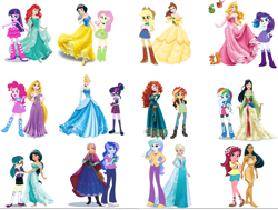 Size: 1500x1133 | Tagged: safe, artist:daniotheman, character:applejack, character:fluttershy, character:gloriosa daisy, character:juniper montage, character:pinkie pie, character:princess celestia, character:princess luna, character:principal celestia, character:rainbow dash, character:rarity, character:sunset shimmer, character:twilight sparkle, character:twilight sparkle (scitwi), character:vice principal luna, species:eqg human, my little pony:equestria girls, aladdin, anna, ariel, beauty and the beast, belle, brave (movie), cinderella, comparison, disney princess, elsa, eqg promo pose set, frozen (movie), jasmine, mane six, merida, mulan, pocahontas, rapunzel, sleeping beauty, snow white, snow white and the seven dwarfs, the little mermaid, vice principal luna