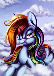 Size: 807x1140 | Tagged: safe, artist:shivannie, character:rainbow dash, species:pegasus, species:pony, bedroom eyes, cloud, female, looking at you, mare, multicolored hair, prone, sky, smiling, solo