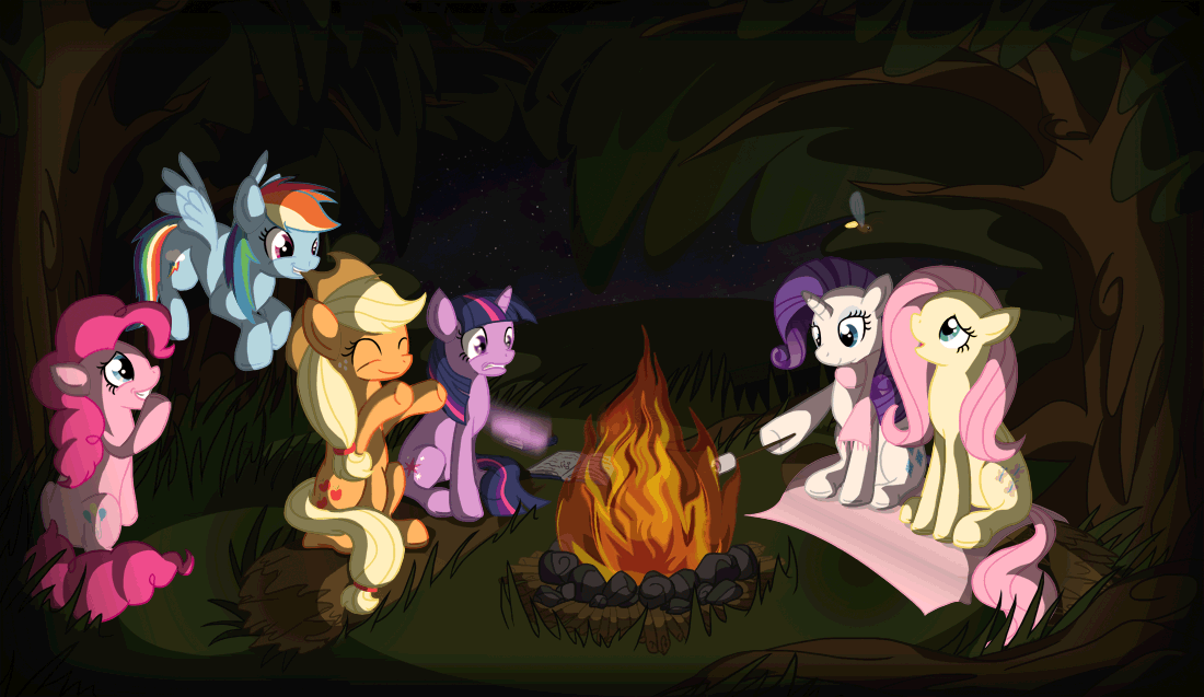 Size: 1100x637 | Tagged: safe, artist:twodeepony, character:applejack, character:fluttershy, character:pinkie pie, character:rainbow dash, character:rarity, character:twilight sparkle, species:earth pony, species:pegasus, species:pony, species:unicorn, animated, book, burning, campfire, camping, clothing, female, firefly, food, forest, gif, mane six, mare, marshmallow, mouth hold, night, scarf, sitting, smiling